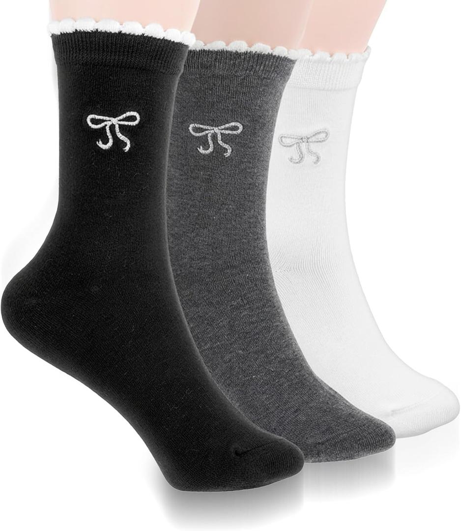 3 Pairs Charm Bow Sock Cute Crew Socks, Casual Dress Ruffle Aesthetic Fashion Women Socks Breathable Kawaii Princess Cotton Bowknot Calf Novelty Socks