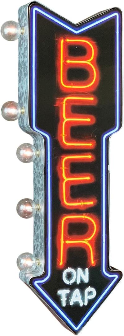 Beer On Tap Double-Sided Marquee Sign With Neon Print And LED Bulbs Vintage Inspired Retro Decor For The Home (26 x 3" x 8)