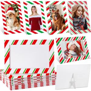 Qunclay 50 Pcs Christmas Photo Ornament 4x6 Paper Picture Frame Ornaments Bulk Xmas Stripes Cardboard Photo Display Red and Green DIY Frame for Party Decorations