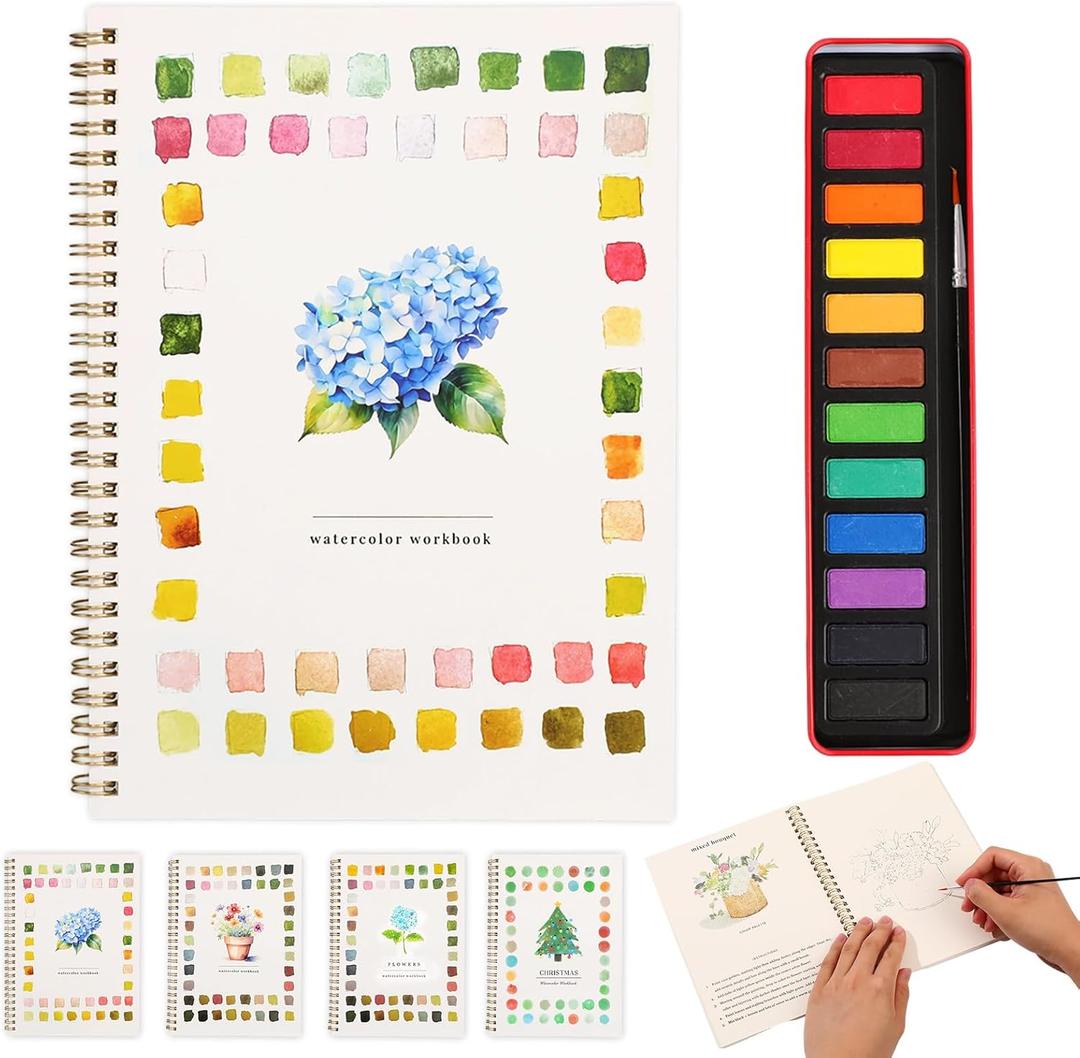 Watercolor Workbook  Water Coloring Book, Beginner Watercolor Painting Kit Paint Set Workbook with 12 Watercolor Paints & Brush (Flower B)