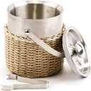 Ice Bucket with Lid, 2 Liter Stainless Steel Insulated Ice Bucket with Wicker Outer Basket Handle Tongs for Party Bar Buffet