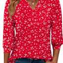 Rapbin 3/4 Length Sleeve Womens Tops 2025 Summer Fall Henley V Neck Button Down Tunic Shirts Casual Business Blouses (XL, Red Polka Dots)