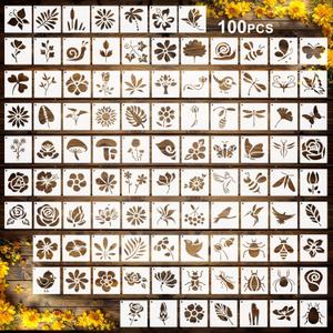Fainne 100 Pcs Small Stencils for Crafts, 1.5 Inch Reusable Painting Stencils Painting Crafts Templates for Wood, Wall, Home Decor, Canvas, Fabric (Flower Bird Plants)