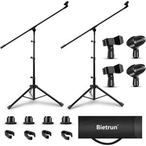 Microphone Stand Pack of 2, Bietrun Tripod Mic Stand Adjustable Boom Height, with Carry Bag & Mic Clips, Detachable Boom Mic Stand for Singing Performance Wedding Stage Church