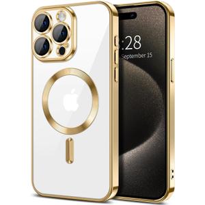 Magnetic Clear for iPhone 15 Pro Max Case with Camera Lens Protector [Compatible with MagSafe] Luxury Plating Edge Slim Soft TPU Cover Protective Phone Case for iPhone 15 Max Pro