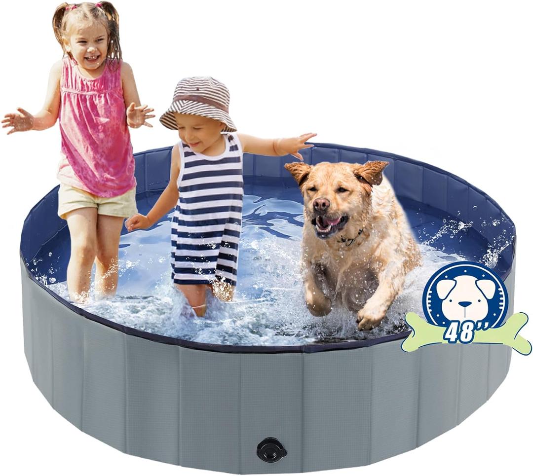 Eooqi Foldable Dog Pool, Portable Pet Bath Tub and Kiddie Swimming Pool, Collapsible Bathtub for Puppies, Small, Medium and Large Dogs, Cats and Kids, 48 x 12 in, Gray