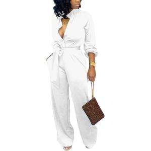 SxClub Jumpsuits for Women Formal Sexy Elegant Long Straight Pants Busineess Party Jumpsuit with Belt Pockets (Medium, White)