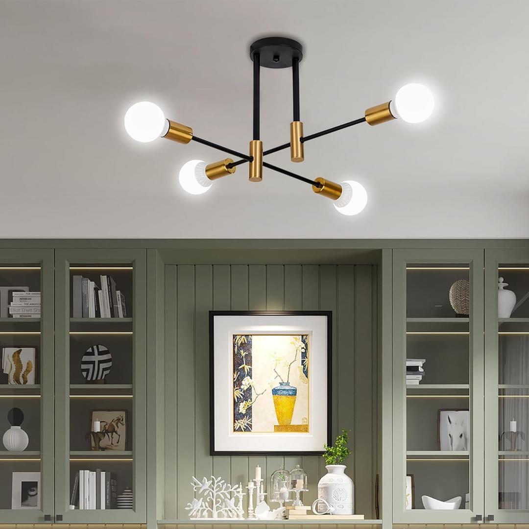 4-Light Mid Century Flush Mount Ceiling Sputnik Semi Light Chandelier Modern Fixture Light with E26 Base for Farmhouse Kitchen Dining Room Bedroom