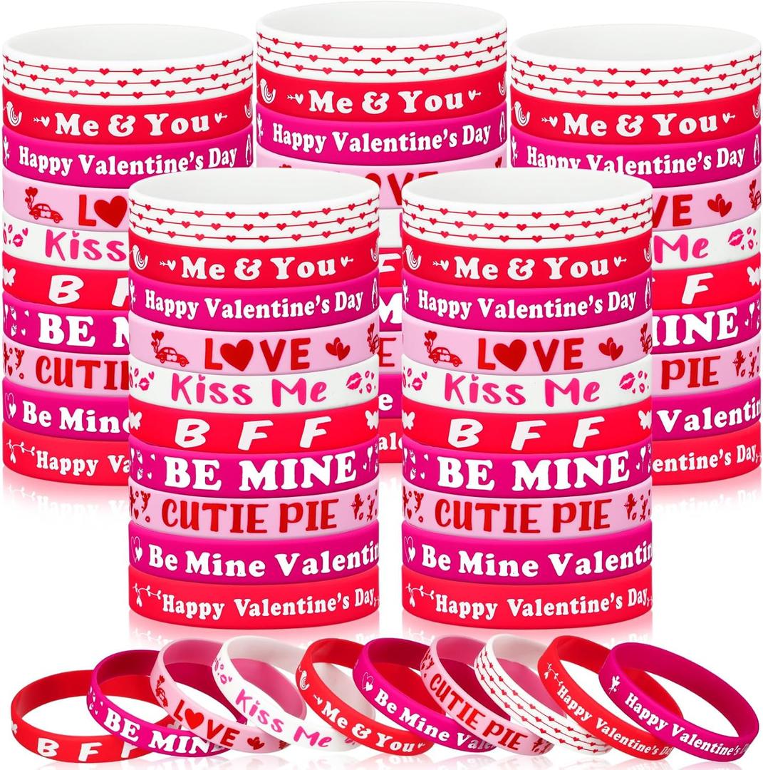 Hiboom 100 Pcs Valentine's Day Bracelets Bulk Gifts for Kids Valentine's Day Party Favors Silicone Wristband Pink Red Love Heart Accessories Goodie Bag Stuffers Treats Classroom Exchange Prizes Decor
