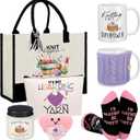 Amylove 8 Pcs Crochet Gifts Set for Women Trapezoid Grocery Canvas Tote Bags with Handle Scented Candle Novelty Socks Cosmetic Bag Mug Heart Crochet Doll Card Xmas Gifts for Knitting Lovers Crocheters