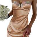 Women's Satin Sleepwear Casual Dress Babydoll Teddy Lingerie Dress (Large, Khaki)