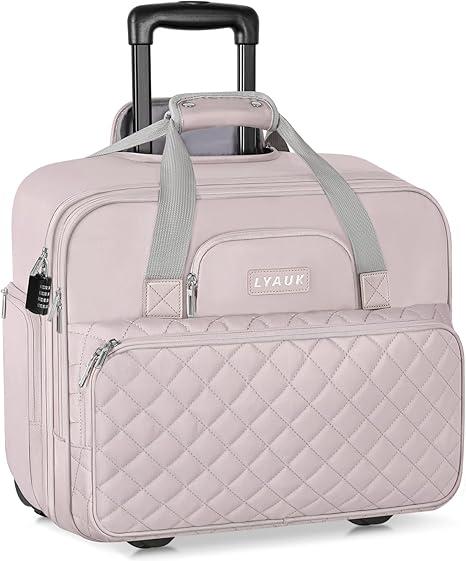 Rolling Laptop Bag for Women, 17.3 inch Anti Theft Rolling Briefcase with Wheels, Water Resistant Overnight Computer Bag Carry on Laptop Briefcase for Travel/Work/Business, Pink