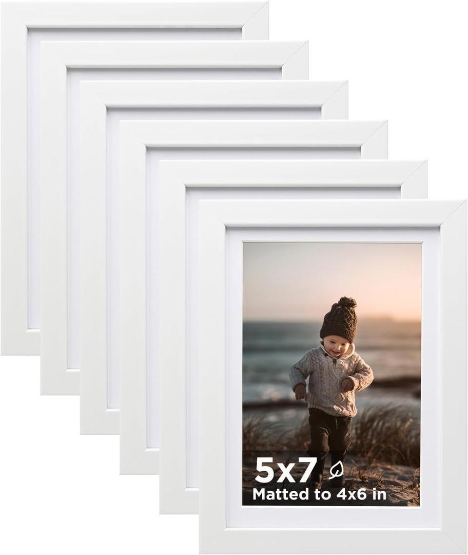 KINLINK 5x7 Picture Frame White Set of 6, Wooden Photo Frames Matted 4x6 with Plexiglass for 4x6 with Mat or 5x7 without Mat for Table and Wall Display