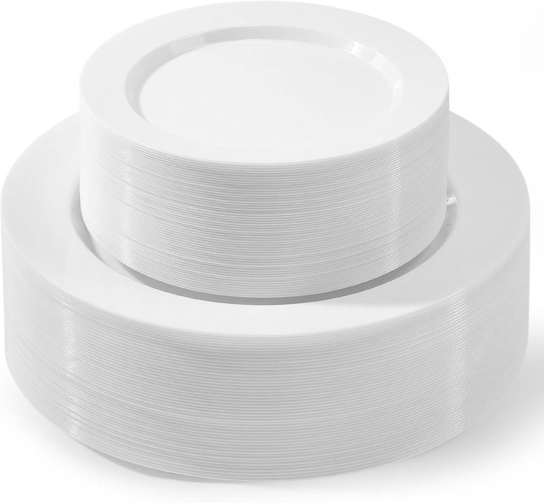 100 PCS White Plastic Plates, Plastic Thanksgiving Plates Disposable Include 50 Dinner Plate and 50 Dessert Plate Perfect for Holiday, Wedding & Thanksgiving Party