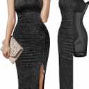Popilush Shapewear Midi Dress Women's Sparkly Formal Wedding Guest Cocktail Dresses Fall Square Neck Ruched Dress Side Slit (XX-Large, Black)