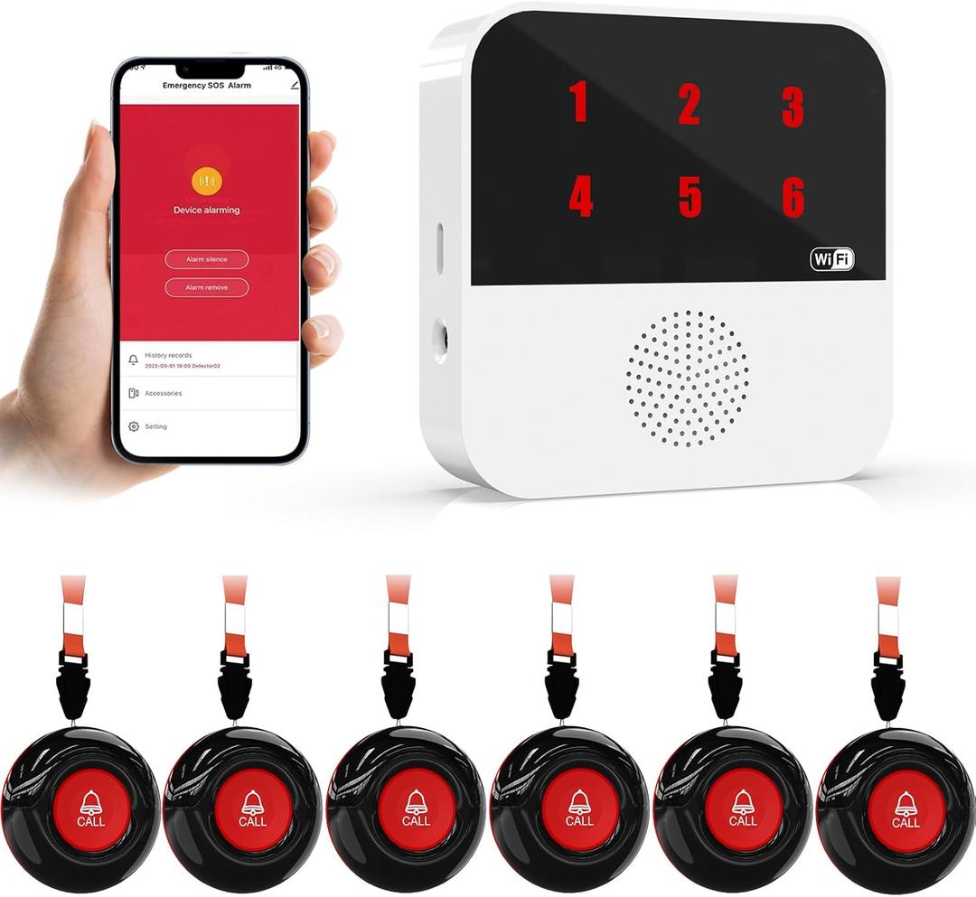 WiFi Caregiver Pager Wireless Call Button Life Alert Systems for Seniors No Monthly Fee with LED Number Display Alert Button for Elderly Patient Disabled 6 Button 1 Receiver(only Supports 2.4GHz WiFi)
