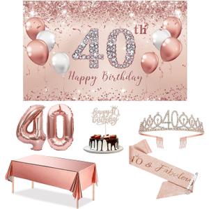 Trgowaul 40th Birthday Decorations Party Set for Women, Rose Gold 40 Birthday Banner and Tablecloth, 40 & Fabulous Sash and Tiara, 1PC Happy 40th Birthday Cake Topper, Pink Gold 40 Number Balloons