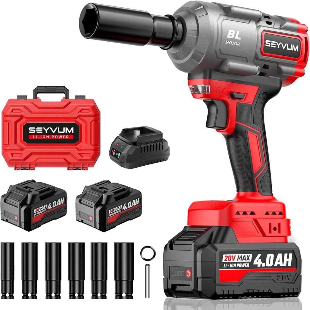 SEYVUM Cordless Impact Wrench, 1/2 Max Torque 600 Ft-lbs / 800 N.m Powerful Impact Gun, 20V 3500RPM Electric Impact Driver, 2 x 4.0Ah Battery & Fast Charger, 6 Impact Sockets, Carrying Case Included