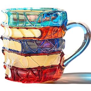 Handmade Painted Book Coffee Mug, 7 oz Glass Cup, Stacked Books Design with Colored Handle, Gift for Readers and Book Lovers (Transparent Handle#A, Small) (14 Ounces)