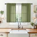 YoungsTex Green Linen Kitchen Window Curtains 40 Inch Length - Small Semi Sheer Drapes with Back Tab Rod Pocket Lightweight for Cafe Bathroom Windows, 2 Panels, 34 X 40 Inch