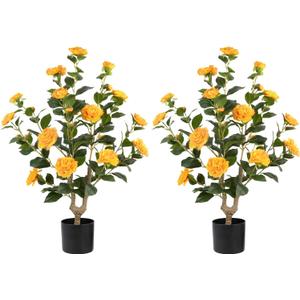 Artificial Camellia Tree 2 Pack - Realistic Camellia Plants in Pot with Orange Flowers, Lifelike Faux Greenery for Living Room, Patio, or Wedding, Orange