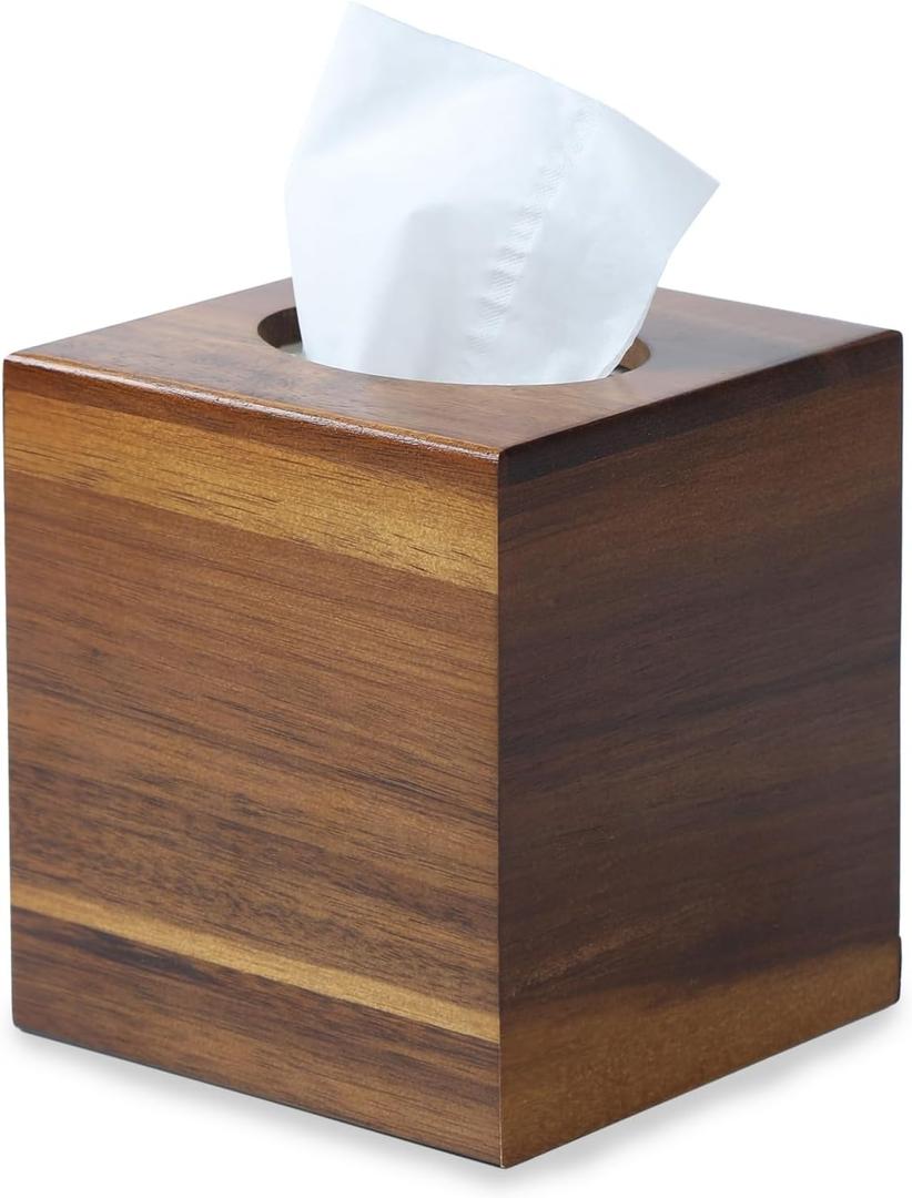 Acacia Wood Tissue Box Cover, Square Wooden Tissue Holder for Bathroom, Living Room, Dining Table, Decorative Cube Facial Tissue Box Cover, 5.3 x 5.3 x 5.9 inches