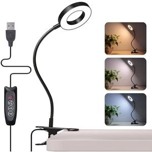 Foneso Desk Lamp Clip on Light, 48 LED USB Lamp with 3 Color Modes 10 Brightness Levels, 360° Flexible Gooseneck Eye Protection Bed Night Light for Reading, Makeup, Craft (Black)