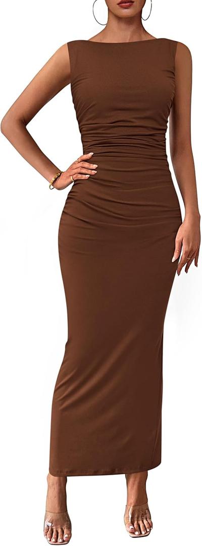 PRETTYGARDEN Women's 2026 Summer Semi Formal Midi Dresses Sleeveless Ruched Bodycon Long Elegant Cocktail Wedding Guest Dress (Coffee,Medium)