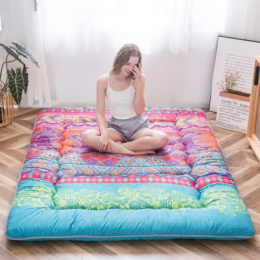 MAXYOYO Bohemian Retro Floor Mattress Boho Floral Style Japanese Futon Tatami Mat Foldable Mattress Portable Camping Sleeping Pad Lounger Couch King Size