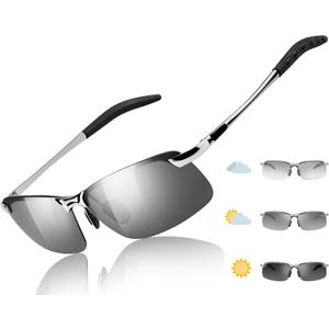 Myiaur Polarized Photochromic Z87 Sunglasses for Men, Day and Night Safety Sun Glasses UV 400 Protection (A3 Silver Frame Photochromic Grey Lens)