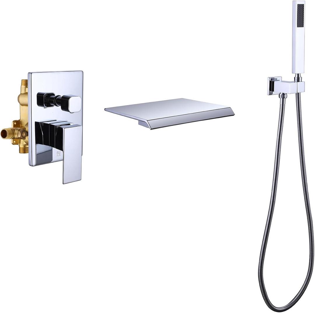 TapLong Wall Mount Bathtub Faucet with Waterfall Tub Spout Bath Tub Faucet Set with Handheld Shower Single Handle Tub Filler Shower Faucet Set with Rough-in Valve and Trim Kit, Polished Chrome, 91266
