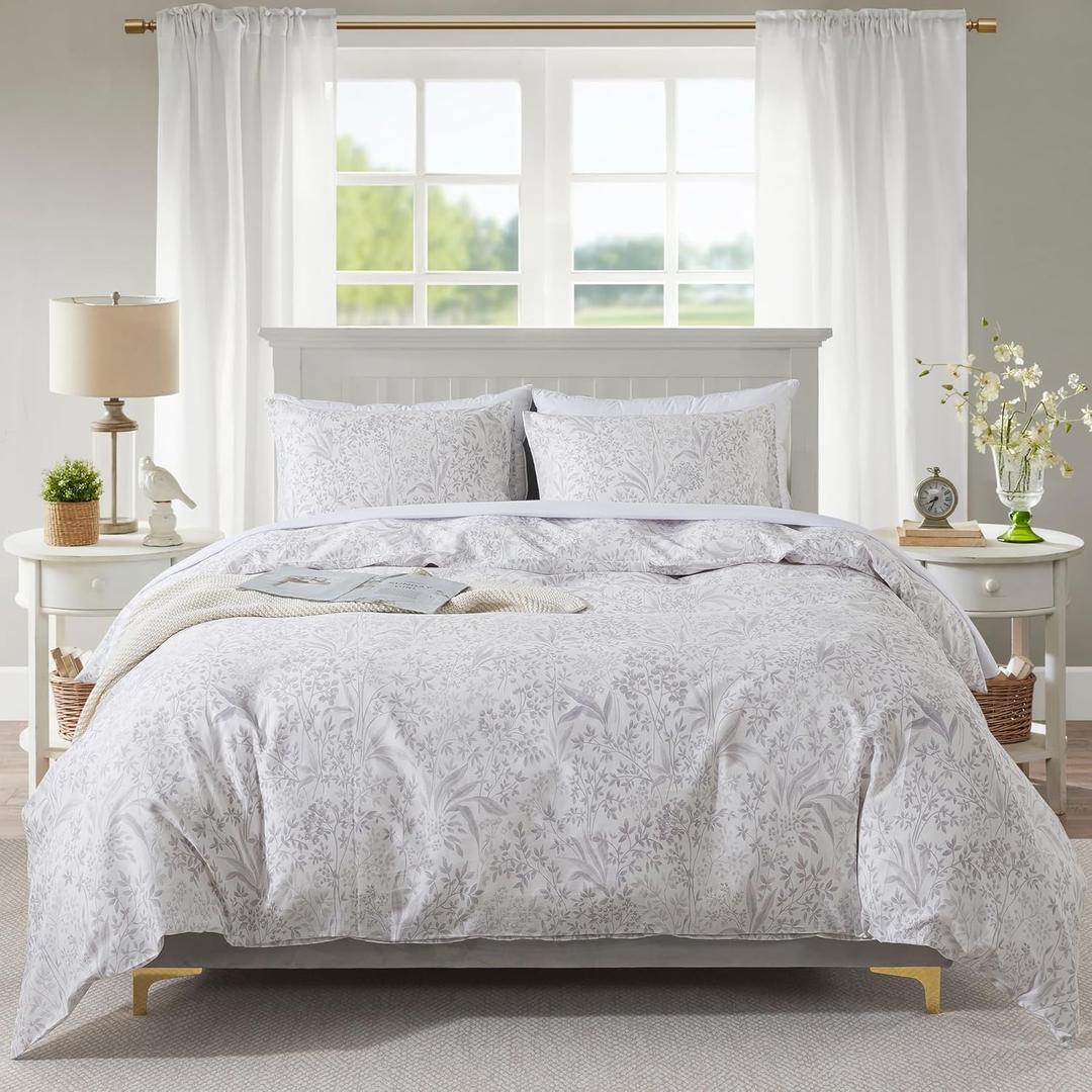 HoneiLife Cotton Duvet Cover Queen - Floral Comforter Cover 3-PC, Soft & Breathable Flower Bedding Duvet Cover Sets with Zipper Closure & Corner Ties, Wildflower Comforter Cover Sets, Plain Life 