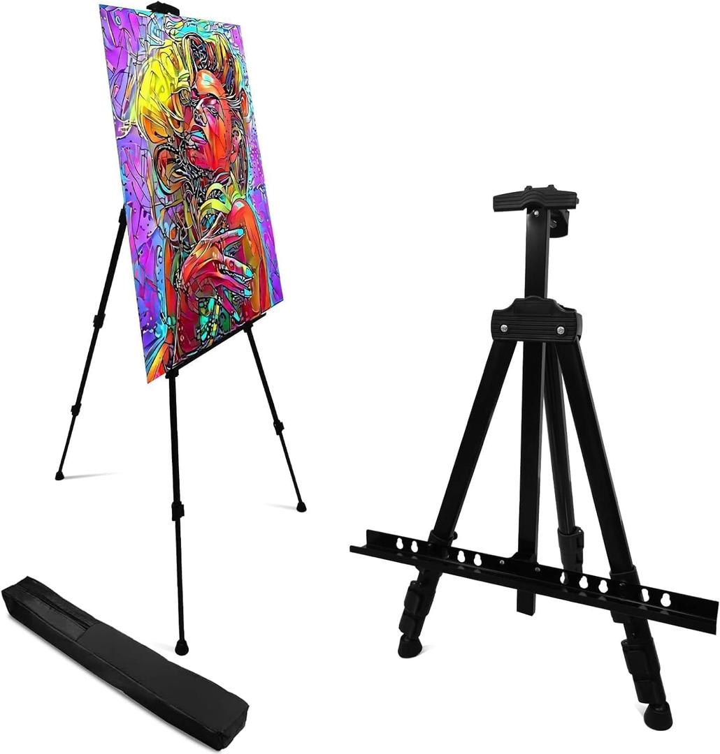 RRFTOK Easel Stand for Sign and Painting - Metal Tripod Adjustable Art Easels for Display Canvases Height from 17 to 66 Inch - Carry Bag for Table-Top/Floor Drawing and Displaying with Black