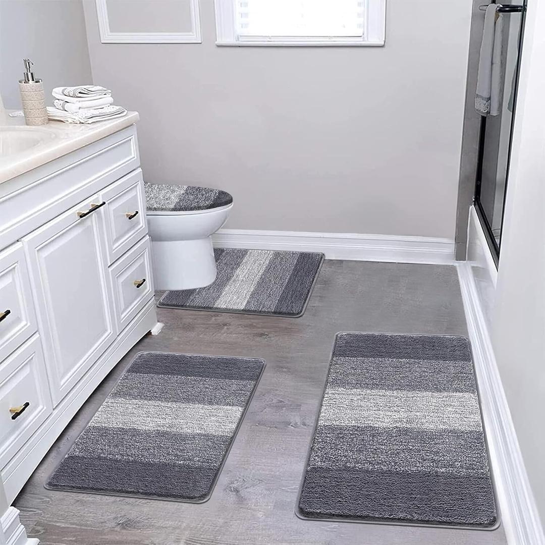 Bsmathom Bathroom Rugs Sets 4 Piece with Toilet Cover, Plush Shaggy Microfiber Non Slip Bath Rugs, Machine Washable Bathroom Mat with U-Shaped Contour Toilet Mat for Bathroom Tub, Shower, Dark Grey (18"x26"+20"x31"+U20"x24"+Cover19"x21")