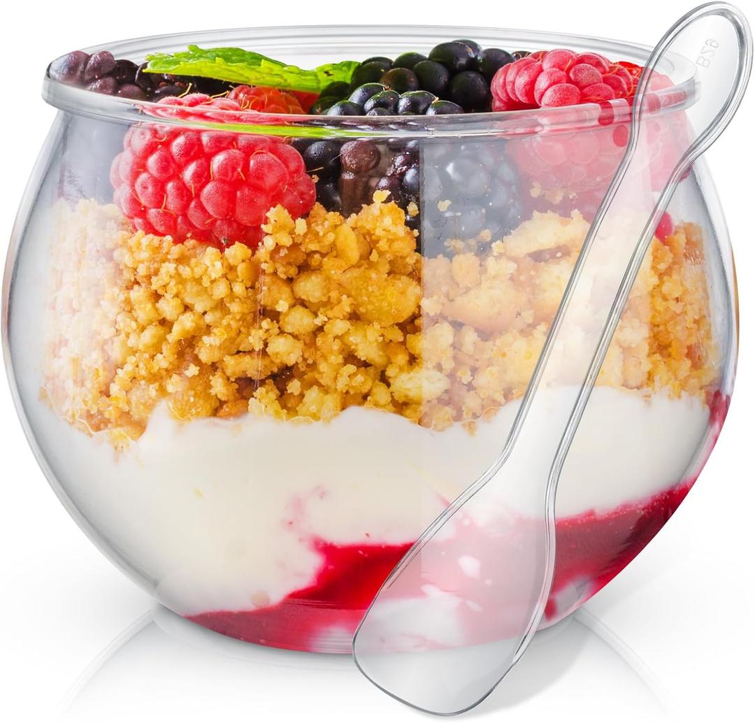 50 Set 3 oz Sphere Mini Dessert Cups with Spoons for Party Small Clear Plastic Parfait Appetizer Cups Mini Round Dessert Bowl Disposable Ice Cream Salad Bowls for Serving Wedding Birthday Cake