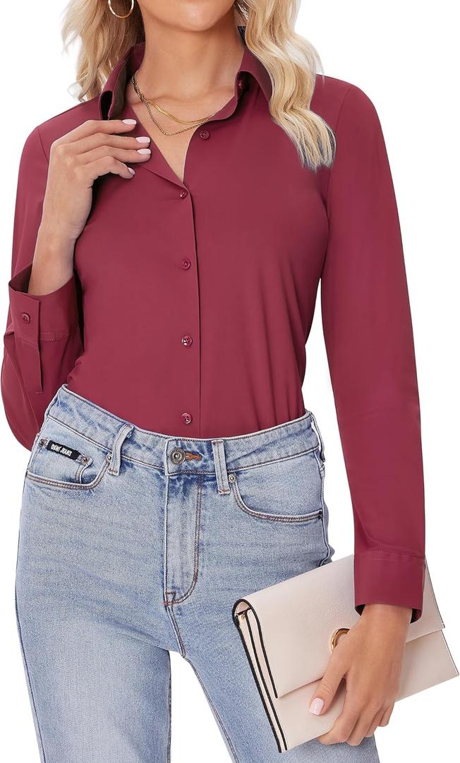 siliteelon Button Down Shirts for Women Slim fit Long Sleeve Stretch Dress Shirts Work Shirt Wrinkle Free Office Blouses (X-Small, Burgundy)
