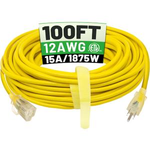 100 ft 12/3 Outdoor Extension Cord Waterproof Heavy Duty with Lighted Indicator End 12 Gauge 3 Prong, Flexible Cold-Resistant Long Power Cord Outside, 15Amp 1875W SJTW Yellow ETL Listed