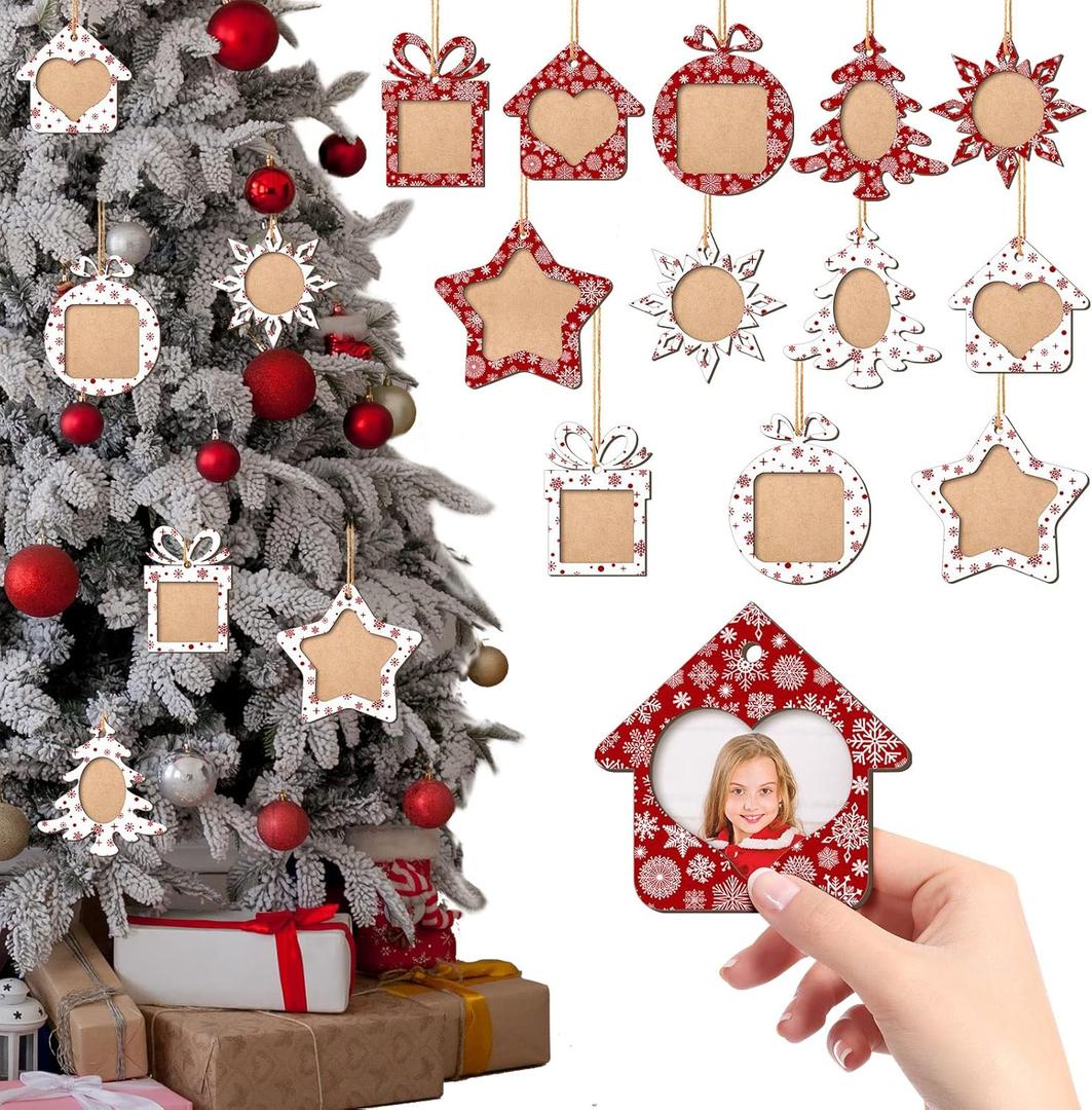 24 Pieces Christmas Picture Ornaments - Wood Snowflake Photo Frames for Tree Decoration, Small Hanging Frames for Xmas Holiday Party Supplies and Gifts
