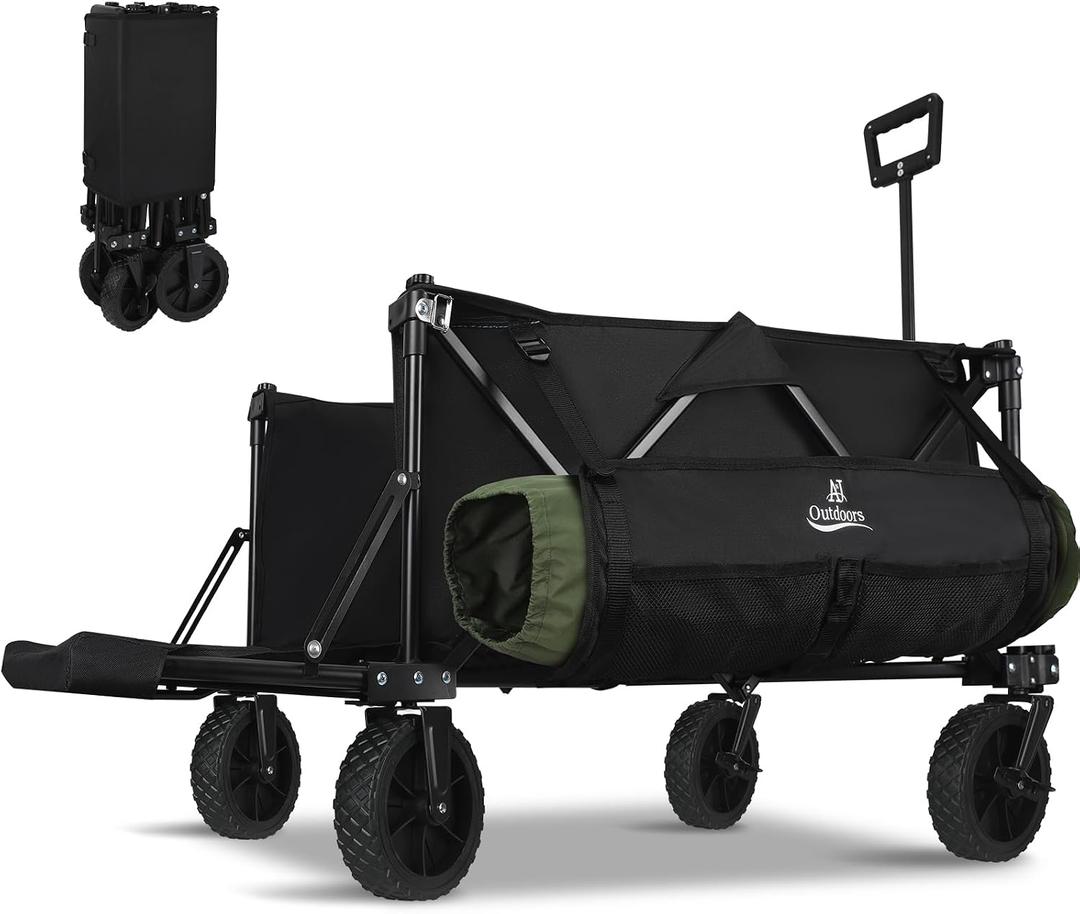 ANJ Outdoors Wagon Carts Foldable with All Terrain Wheels, Double Brakes and Extending Tailgate | Collapsible Wagon Grocery Cart on Wheels | Utility Wagon for Camping, Garden, Beach, Lounge and Sports