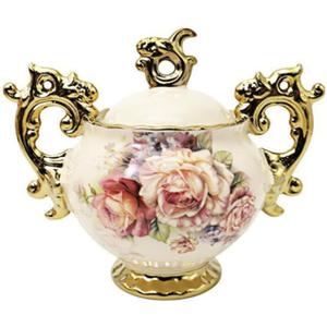 fanquare Gold Porcelain Sugar Container, Floral Sugar Holder for Coffee Bar, 12 Ounce Ceramic Sugar Bowl with Lid for Countertop, Kitchen Sugar Jar Vintage
