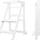Foldable Toddler Learning Standing Tower, WOOD CITY Montessori Kitchen Step Stool Helper with 3 Adjustable Heights Learning Kitchen Tower (White)