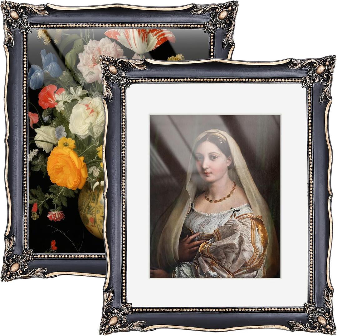 Lineshading 2 Pcs Black 11x14 Vintage Frame Vintage Ornate Picture Frames for 11x14 or 8x10 Pictures with White Mat for Home Wall Hanging Decor or Tabletop Display (Classic Style)
