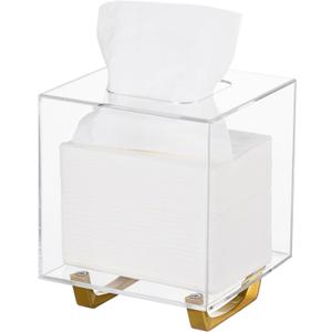 HBlife Clear Tissue Box Cover Square Acrylic Tissue Box Holder with Gold Plated Legs Napkin Dispenser Dryer Sheet Container for Bathroom (Spuare)