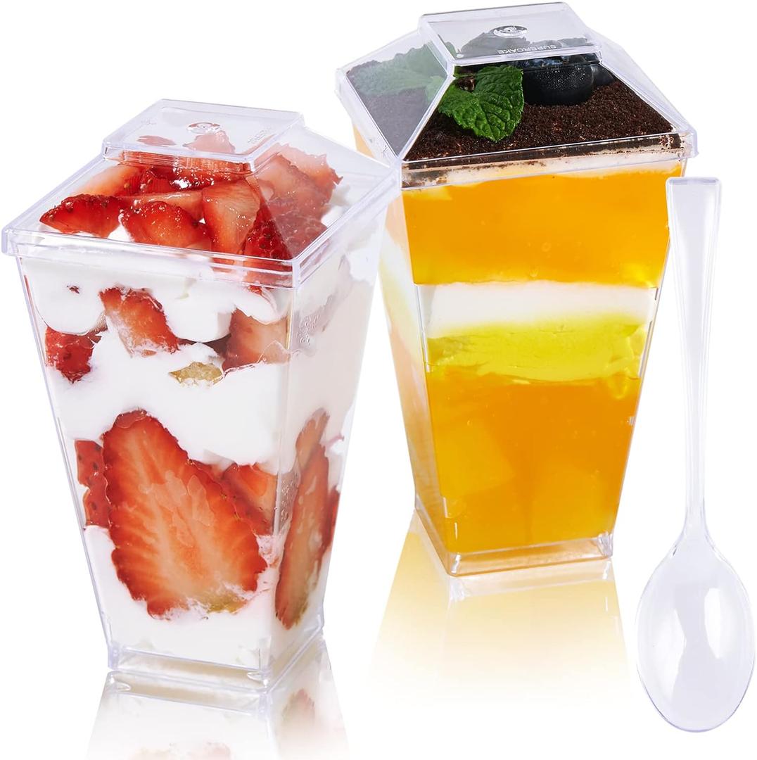 JOLLY CHEF 100 Pack 3 oz Mini Dessert Cups with Spoons and Lids, Square Tall Clear Plastic Parfait Appetizer Cup Small Serving Bowl for Party Desserts