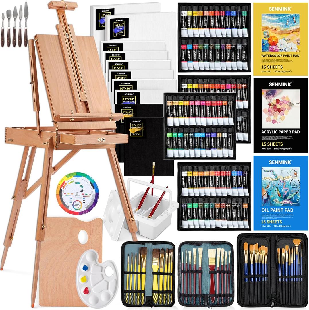196Pcs Deluxe Artist Painting Set with French Easel, 48 Colors Acrylic & Oil Paints, 24 Colors Watercolor Paints, Art Paint Supplies for Artists, Beginner & Adults. 