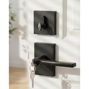 Goldenwarm Black Exterior Door Lock Set, Zinc-Alloy Matte Black Front Door Handle with Lock and Deadbolt, Heavy Duty Square Exterior Door Handle with Deadbolt - 1 Pack