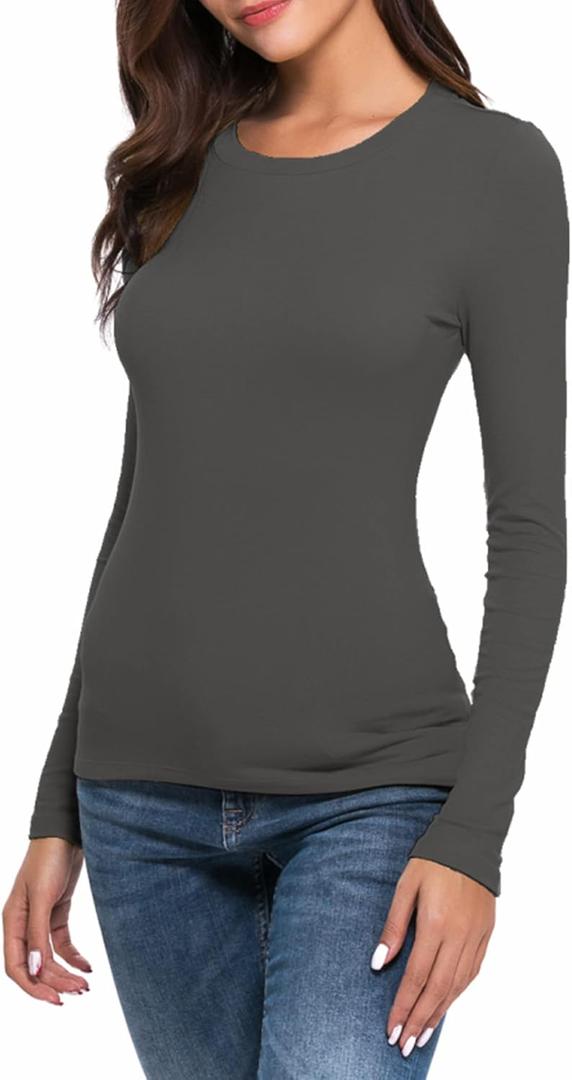 Women Long Sleeve Crew Neck/Scoop V Neck Rayon Slim Fit Stretchy Layer T Shirts Tops (Gray, S)