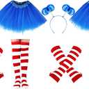 8 Pcs Women Blue Red Striped Costume Set Outfit Accessories Tutu Skirt Long Knee High Sock Striped Glove Headband (Blue)