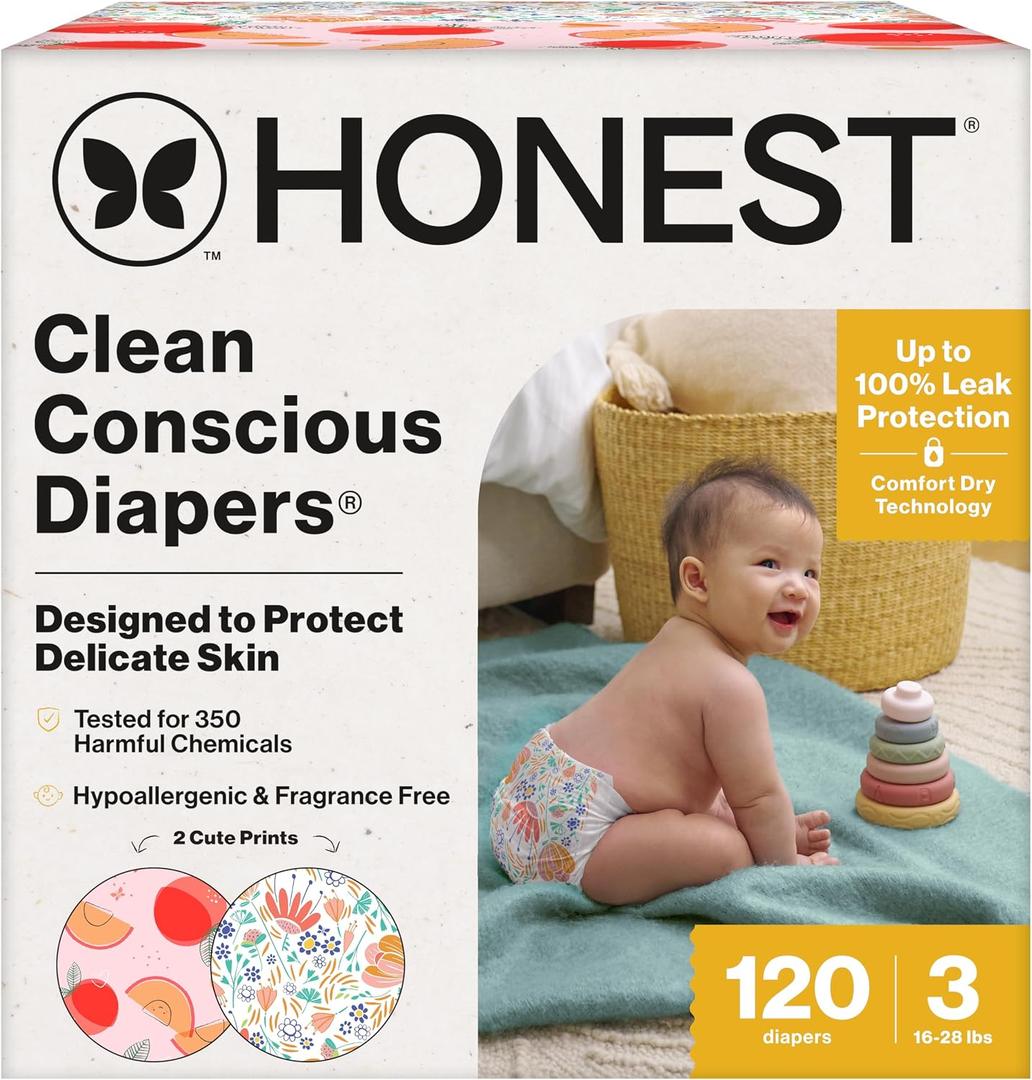 The Honest Company Comfort Dry Disposable Daytime Diapers, Hypoallergenic, Fragrance-Free, Sensitive Skin, Just Peachy + Flower Power, Super Club Box Size 3 (1628 lbs), 120 Count