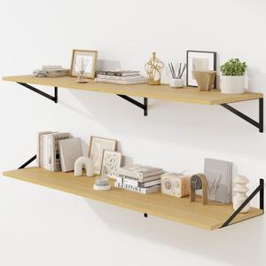 Fun Memories Floating Shelves for Wall, 12 Inch Deep Floating Shelves Set of 2, 55W x 12D Large Wall Shelf with Sturdy Metal Brackets for Living Room, Bathroom, Bedroom and Kitchen, Oak